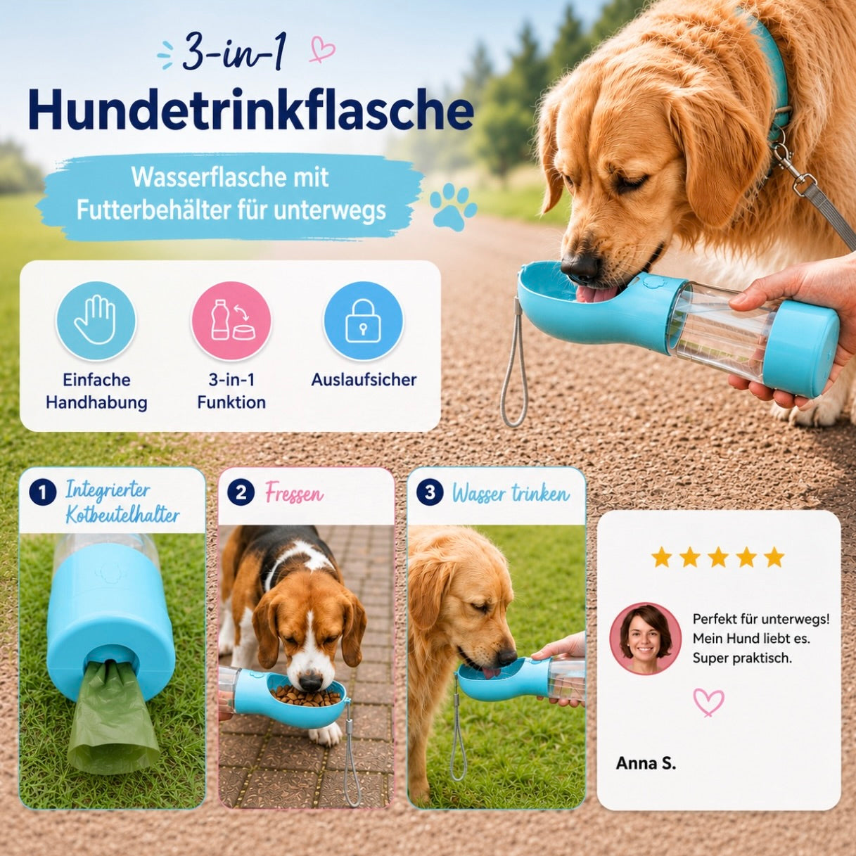 Aurely-Care 3in1 Hundetrinkflasche
